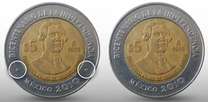 Monedas 5 pesos francisco primo de verdad, lista de monedas de 5 pesos del Bicentenario y Centenario