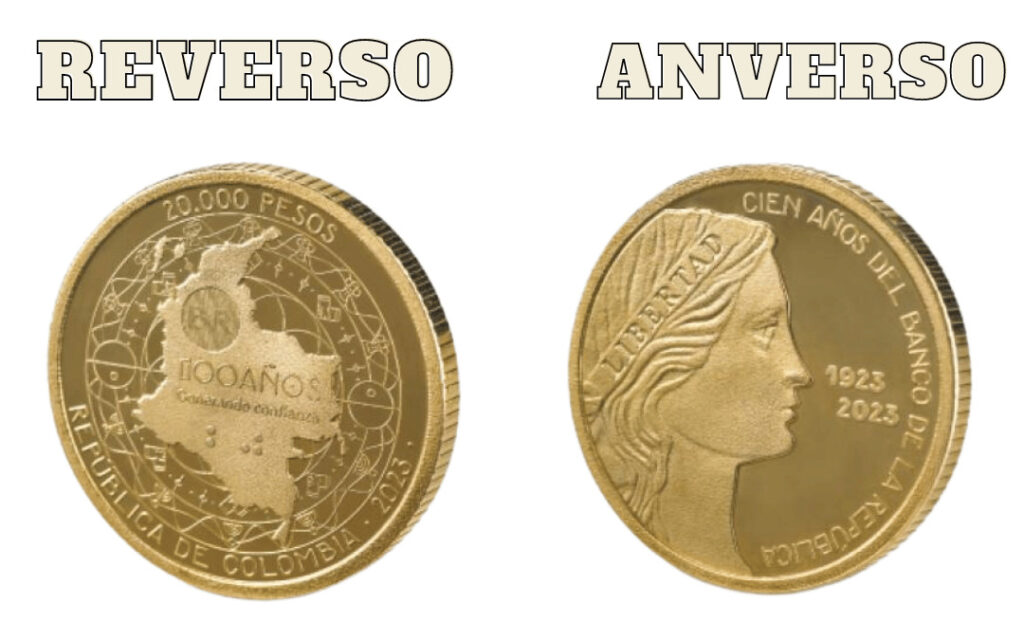 Anverso y reverso moneda de 20000 en Colombia
