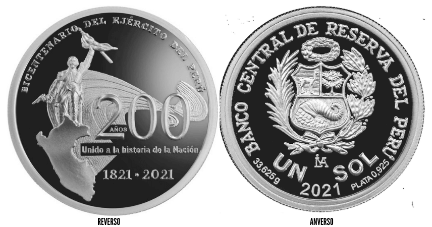 Moneda en plata bicentenario ejercito del Perú