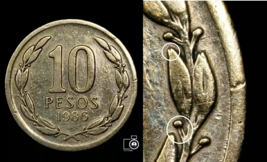 moneda 10 pesos con el ángel doble fruto