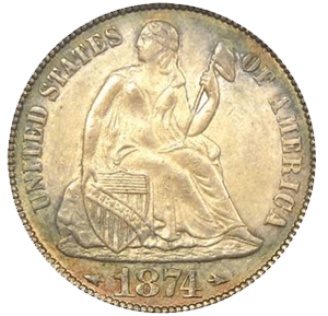 Dime Seated Liberty 1874 con flechas