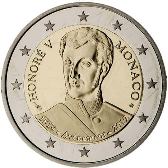 Moneda de 2 euros de Mónaco 2019 - 200 aniversario de ascension al trono de Honorato V