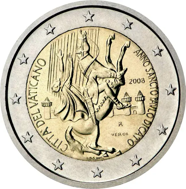 Moneda de 2 euros del Vaticano 2008: 2000 años del nacimiento del Apóstol San Pablo o Año Paulino