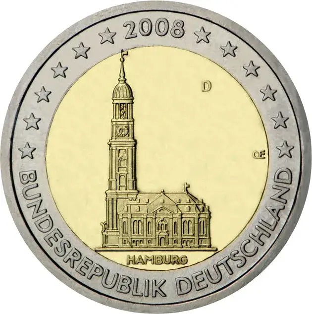 Monedas de 2 euros valiosas de Alemania 2008 - Homenaje a Hamburgo anverso