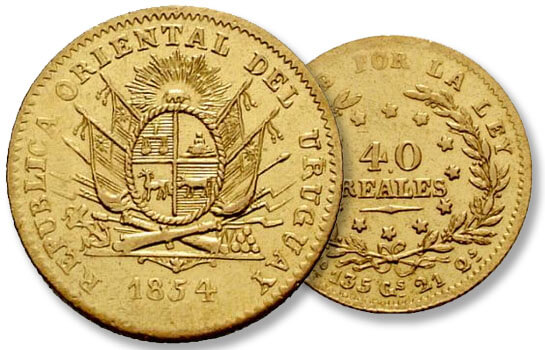 Monedas de Uruguay - 40 reales de oro 1854