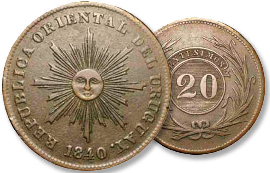 Monedas de Uruguay - Veinte Centésimos de Real 1840