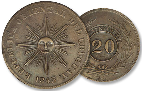 Monedas de Uruguay - Veinte Centésimos de Real 1843